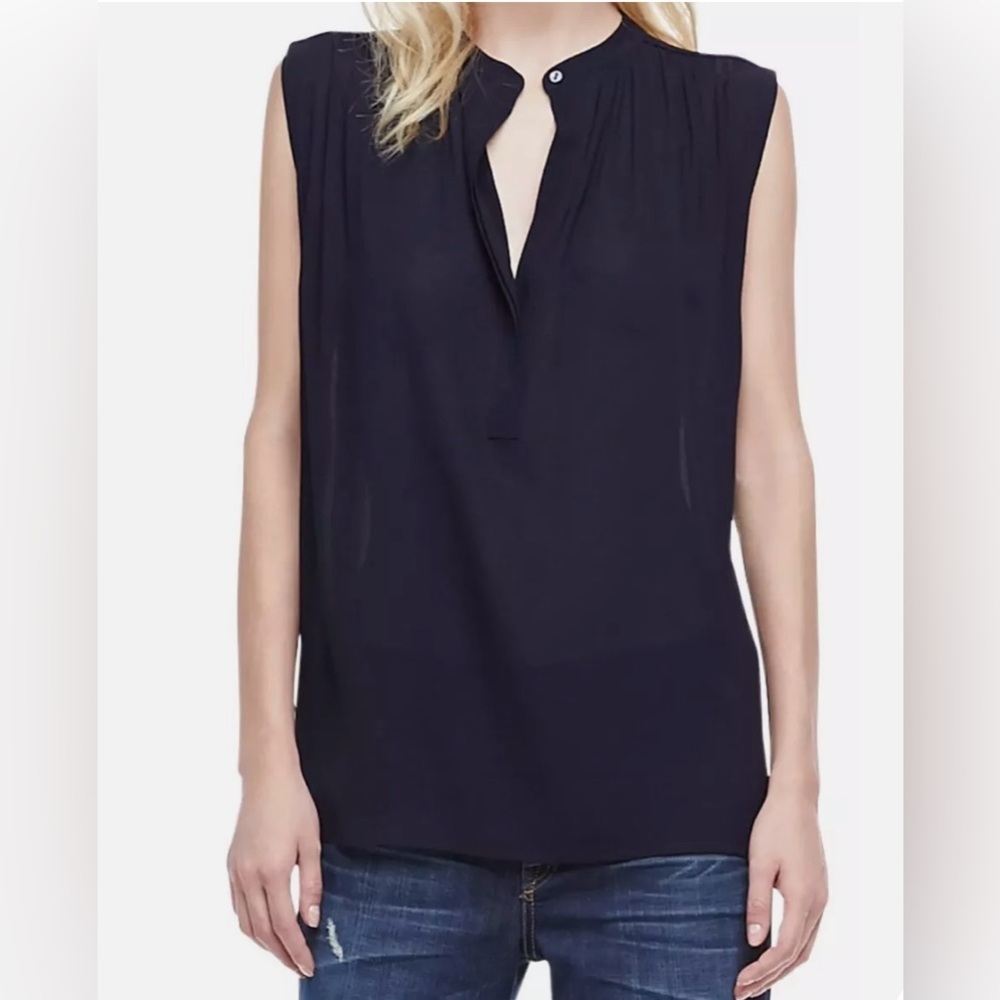 VINCE Minimalist Shirred Shoulder Half Placket Mandarin Collar Navy Crepe Top 6